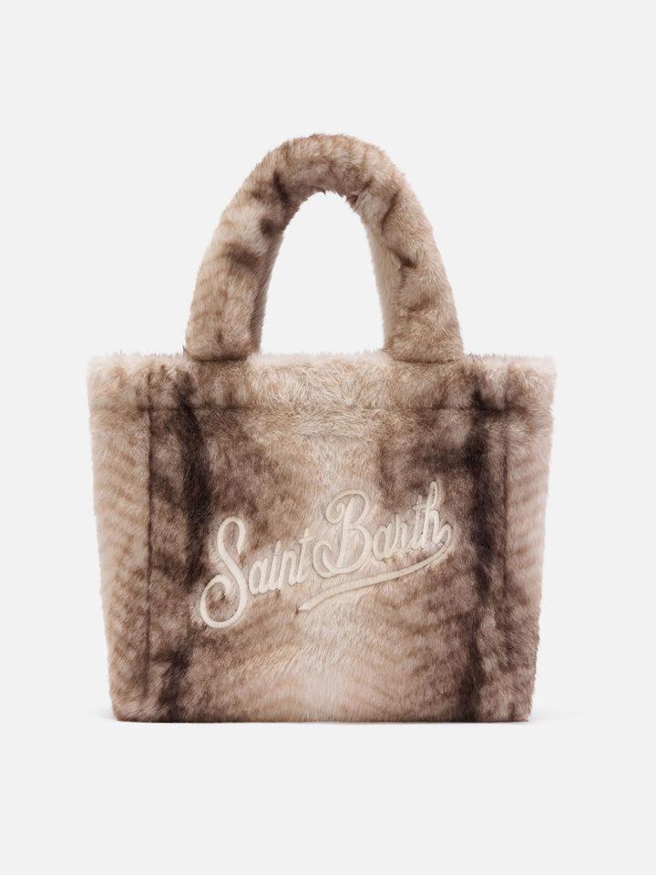 Grey Colette faux fur handbag with logo embroidery