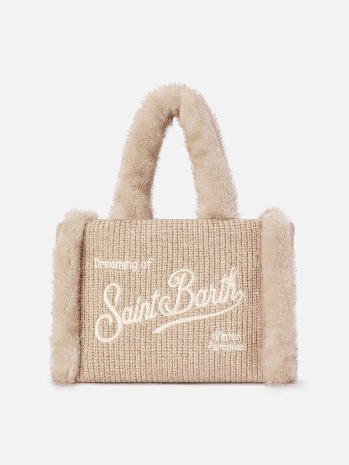 Sac à main en fausse peau lainée côtelée Beige Colette avec broderie logo 
