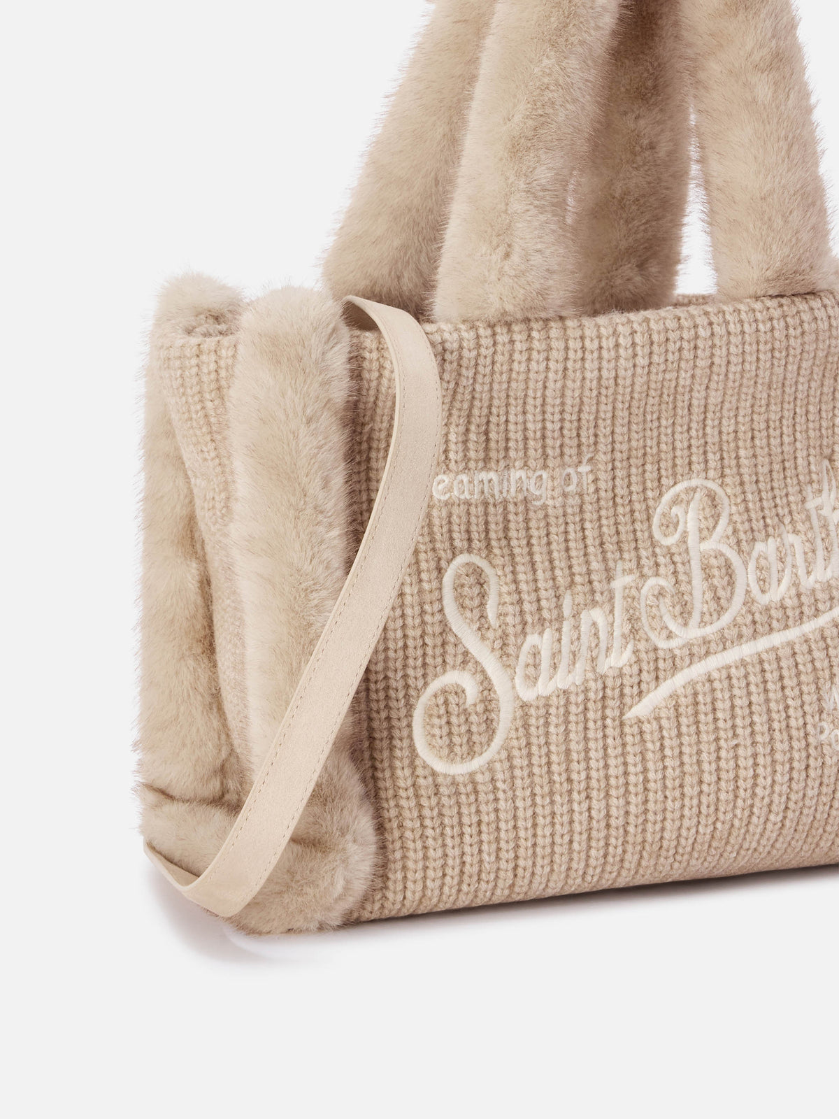 Sac à main en fausse peau lainée côtelée Beige Colette avec broderie logo 