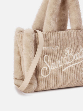 Sac à main en fausse peau lainée côtelée Beige Colette avec broderie logo 