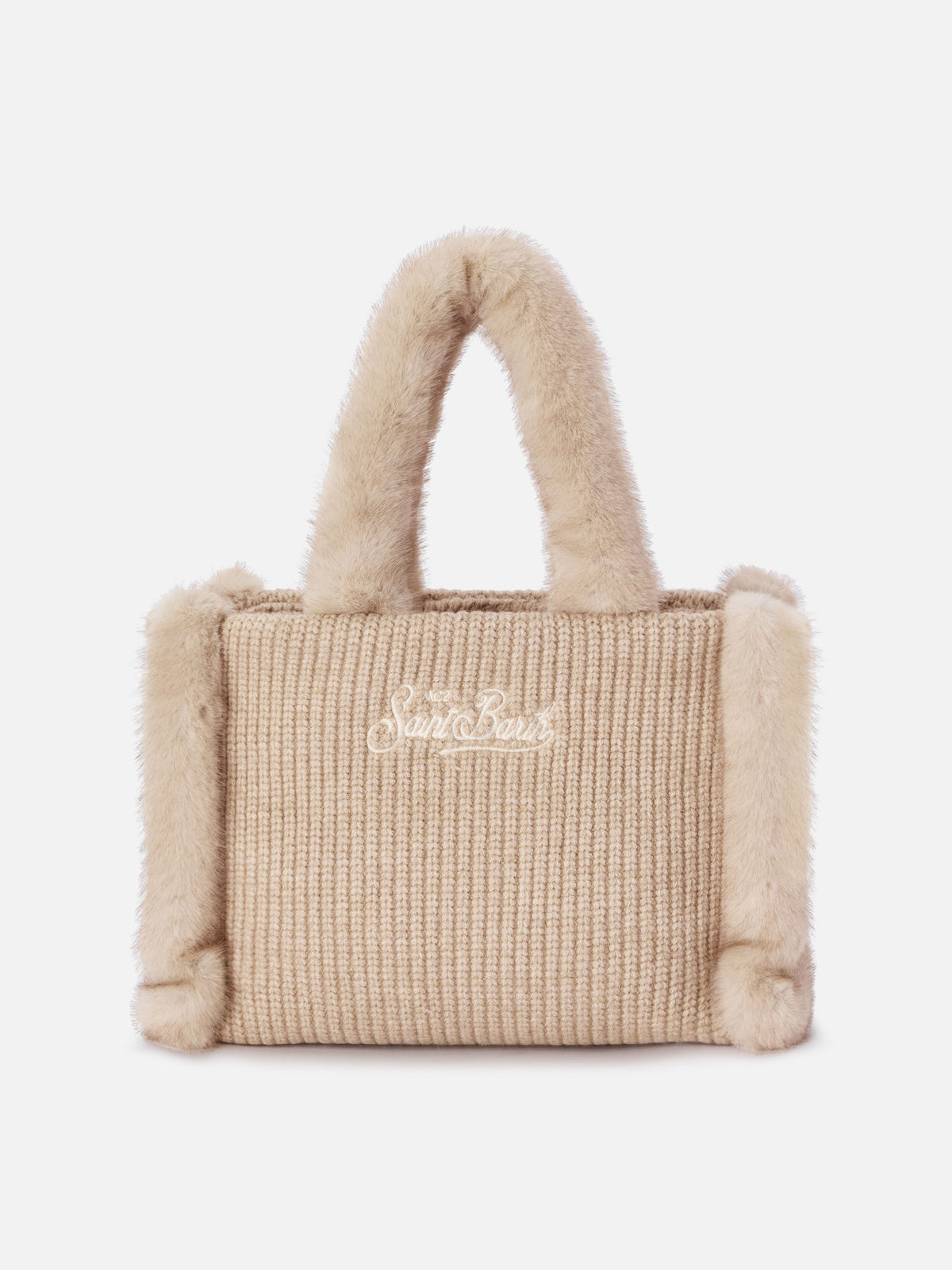 Sac à main en fausse peau lainée côtelée Beige Colette avec broderie logo 