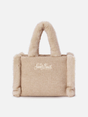 Sac à main en fausse peau lainée côtelée Beige Colette avec broderie logo 