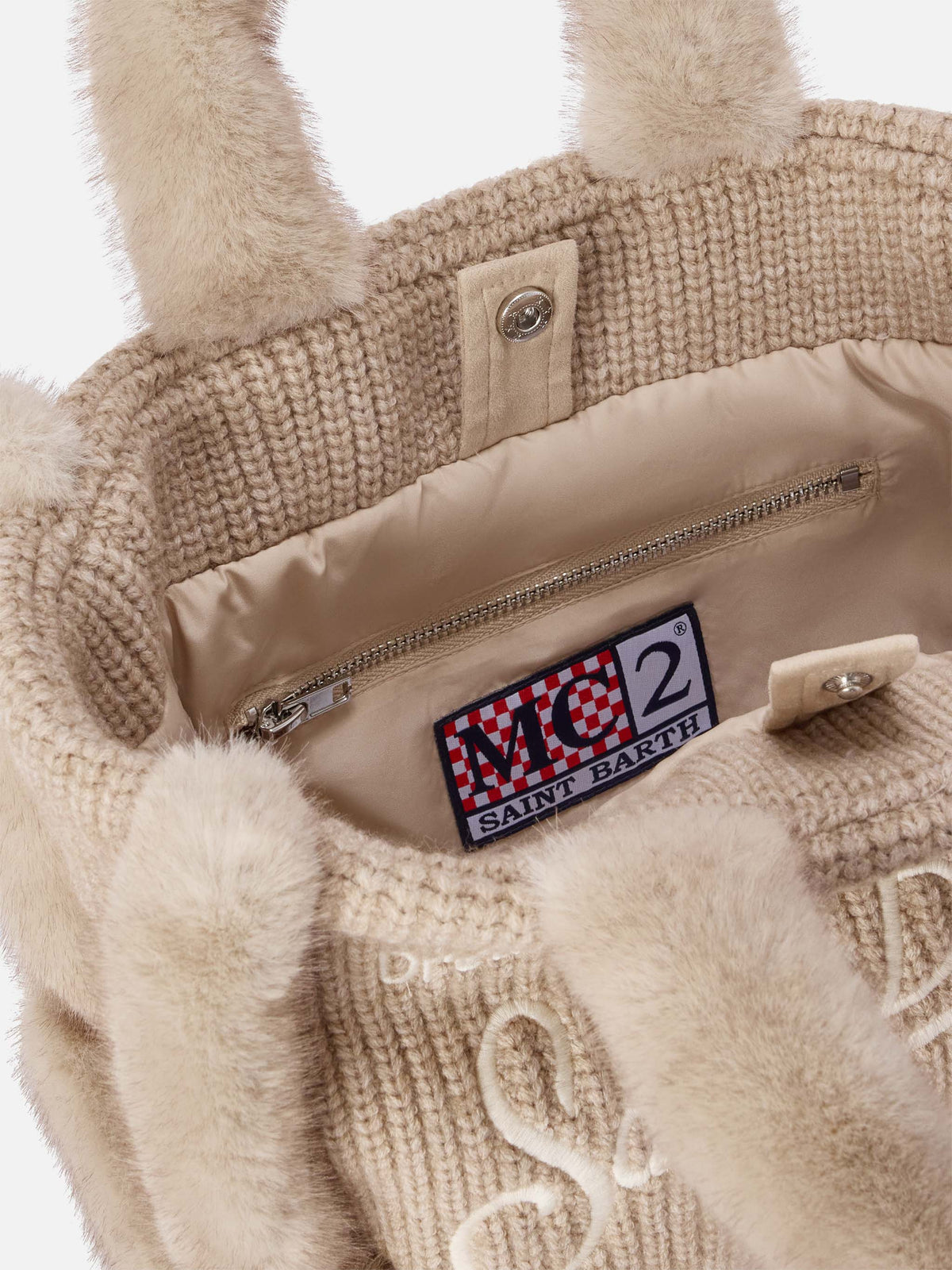 Sac à main en fausse peau lainée côtelée Beige Colette avec broderie logo 