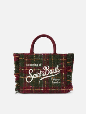 Colette Tweed-Handtasche aus bordeauxfarbenem Wollmischgewebe mit Karomuster.