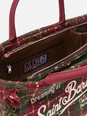 Colette Tweed-Handtasche aus bordeauxfarbenem Wollmischgewebe mit Karomuster.