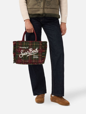 Colette Tweed-Handtasche aus bordeauxfarbenem Wollmischgewebe mit Karomuster.