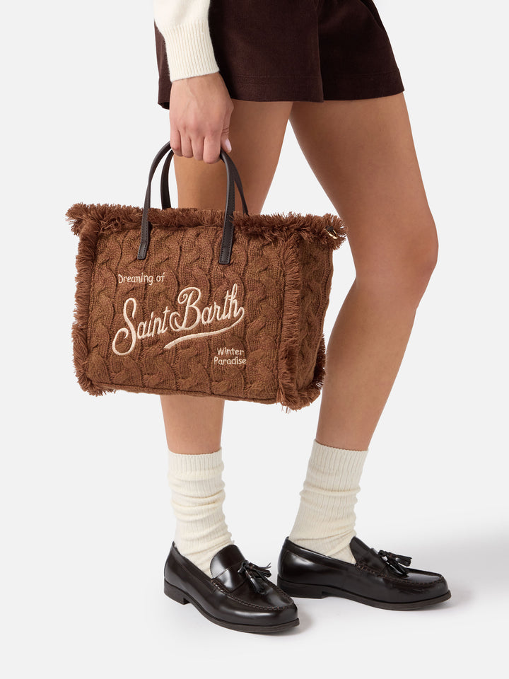 Sac Colette marron avec motif maille torsadée et broderie en lurex 