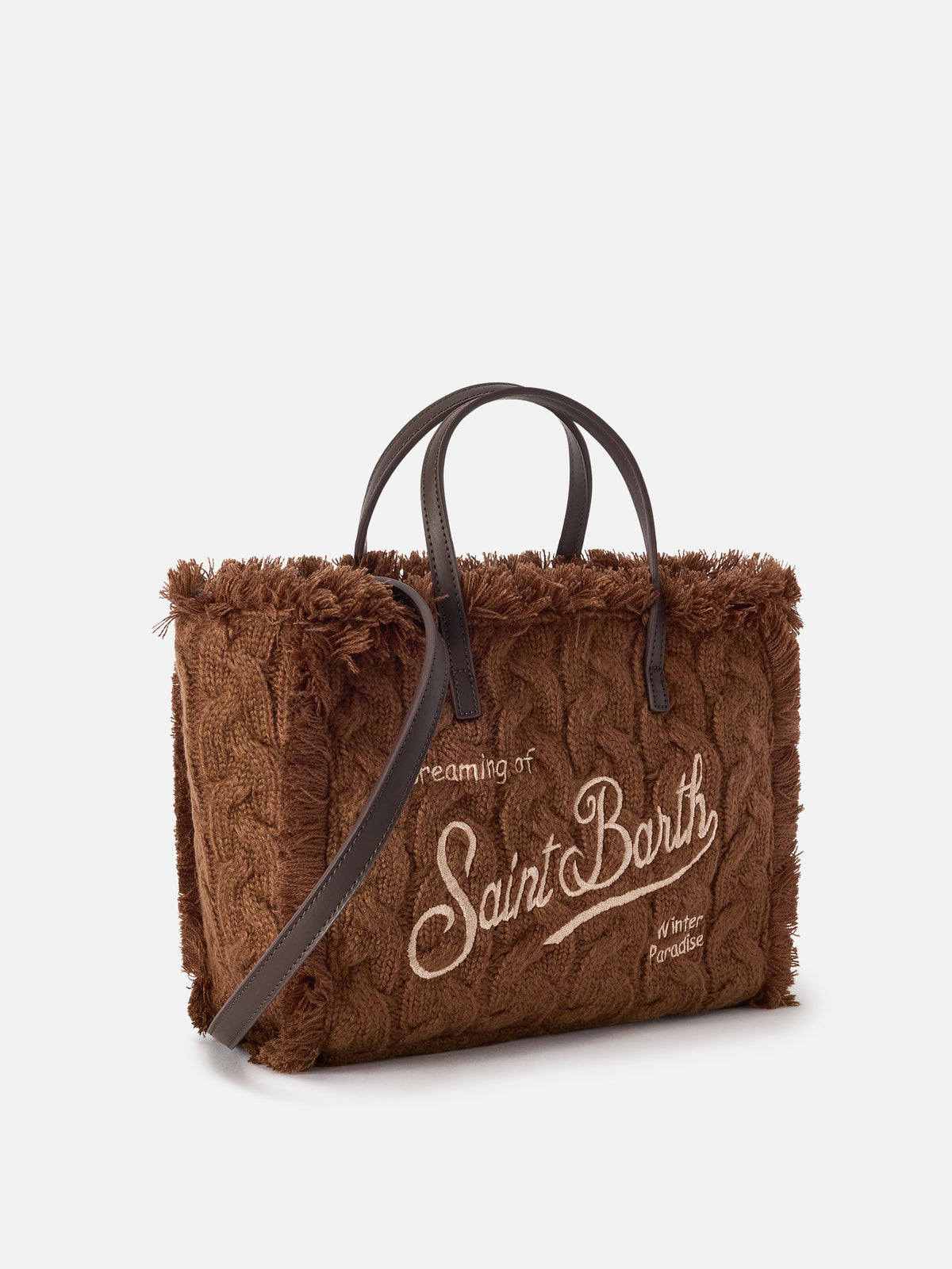 Brown Colette bag with cable knit design and lurex embroidery