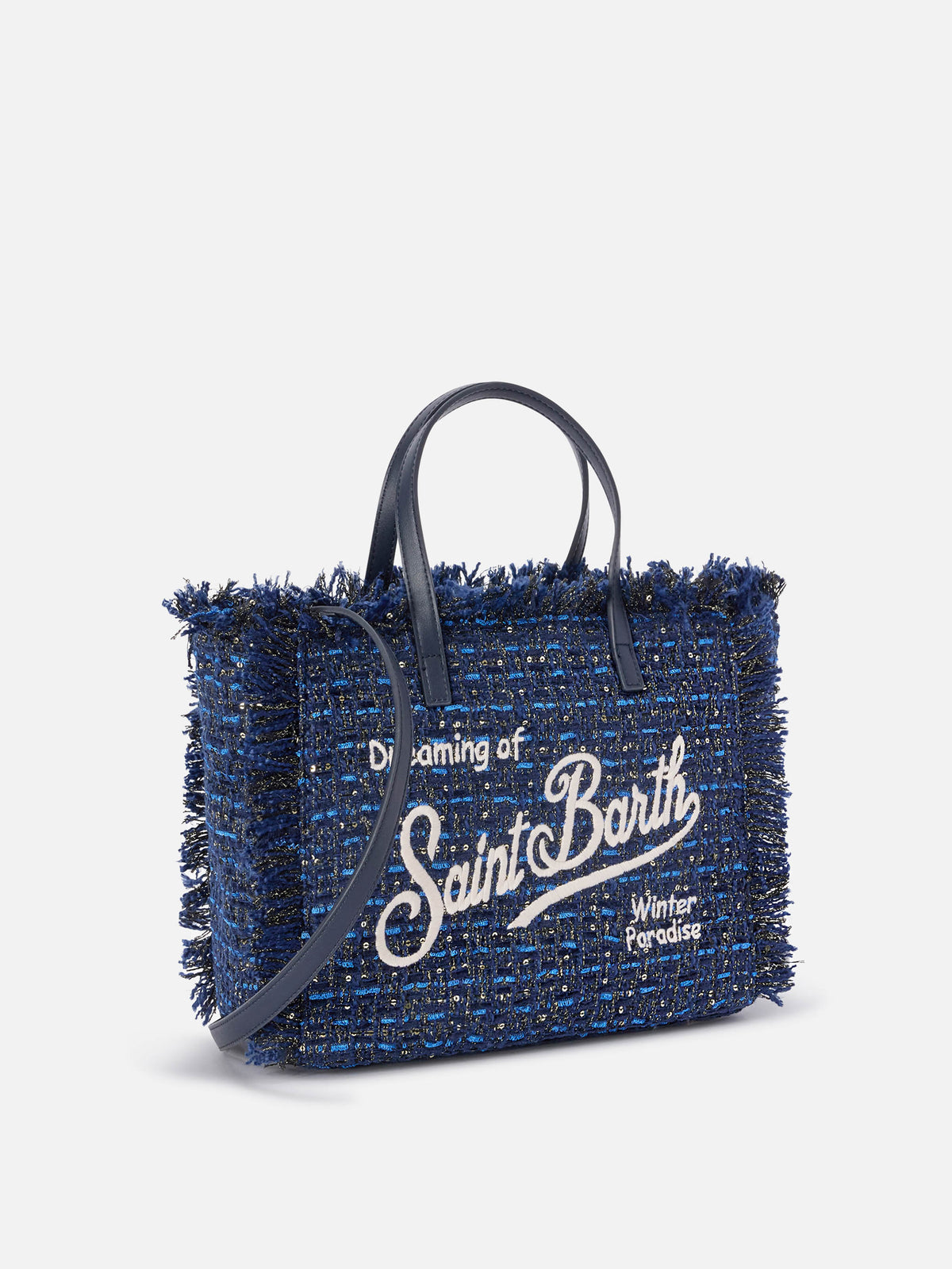 Marineblaue Tasche blue Colette mit Lurex-Fäden und Logostickerei 