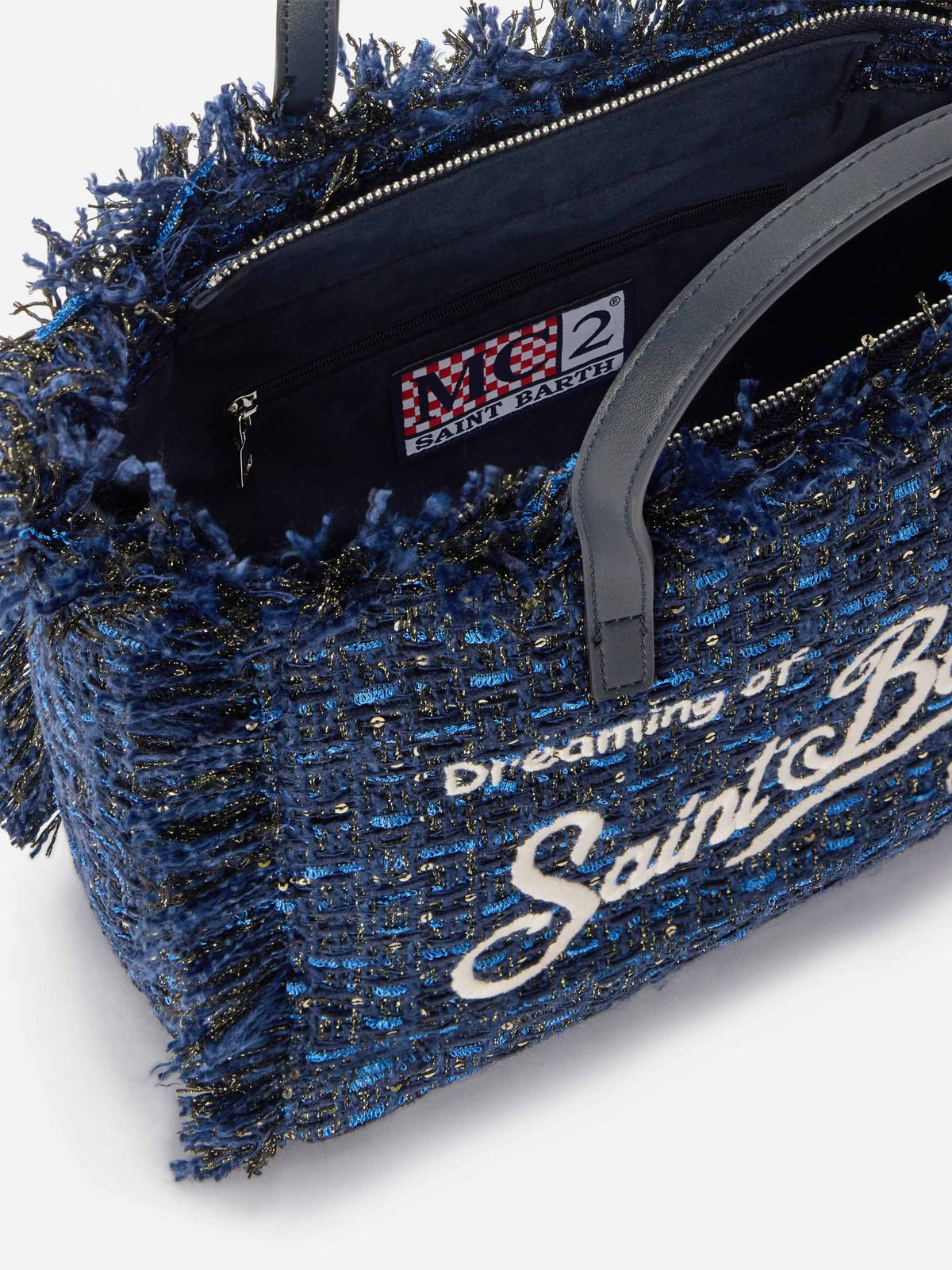 Marineblaue Tasche blue Colette mit Lurex-Fäden und Logostickerei 