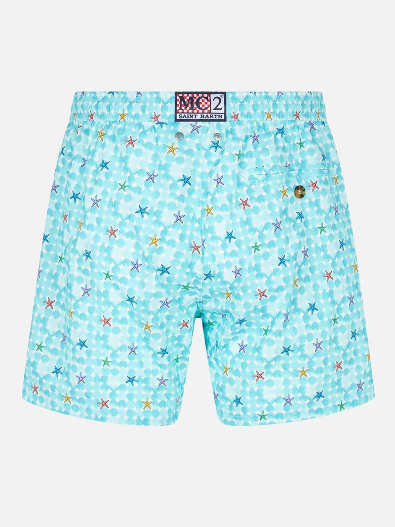 Bequeme Herren-Badeshorts aus Stretchstoff mit Seestern-Print