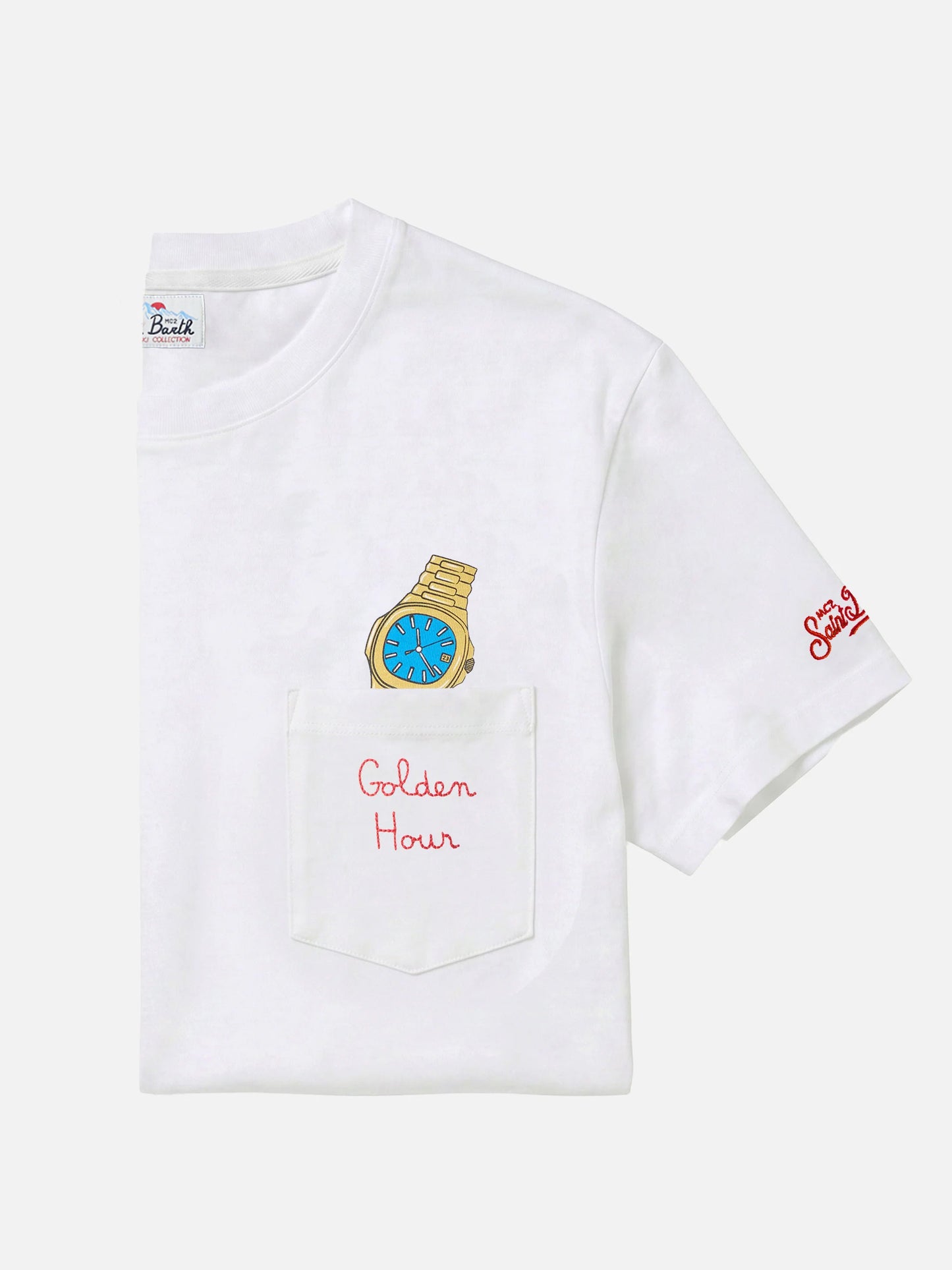 Camiseta Connor de algodón en blanco con bordado Golden hour en el bolsillo 