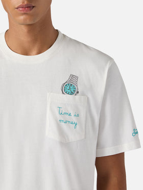 Connor Baumwoll-T-Shirt in Weiß mit „Time is Money“-Stickerei auf der Brusttasche
