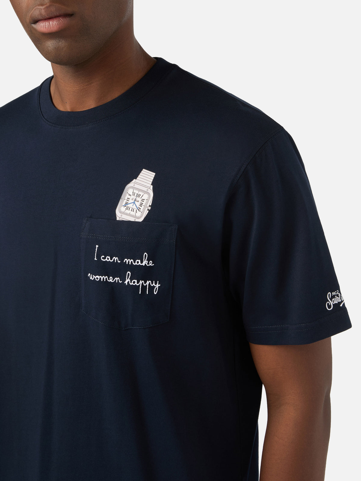 Navy blue Connor cotton t-shirt with watch print and embroidery