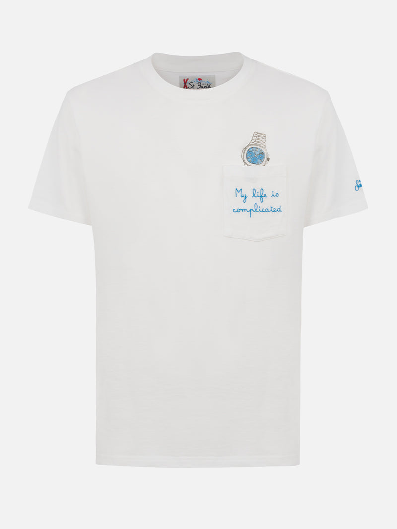 Man white cotton t-shirt Connor with My Life is Complicated embroidery