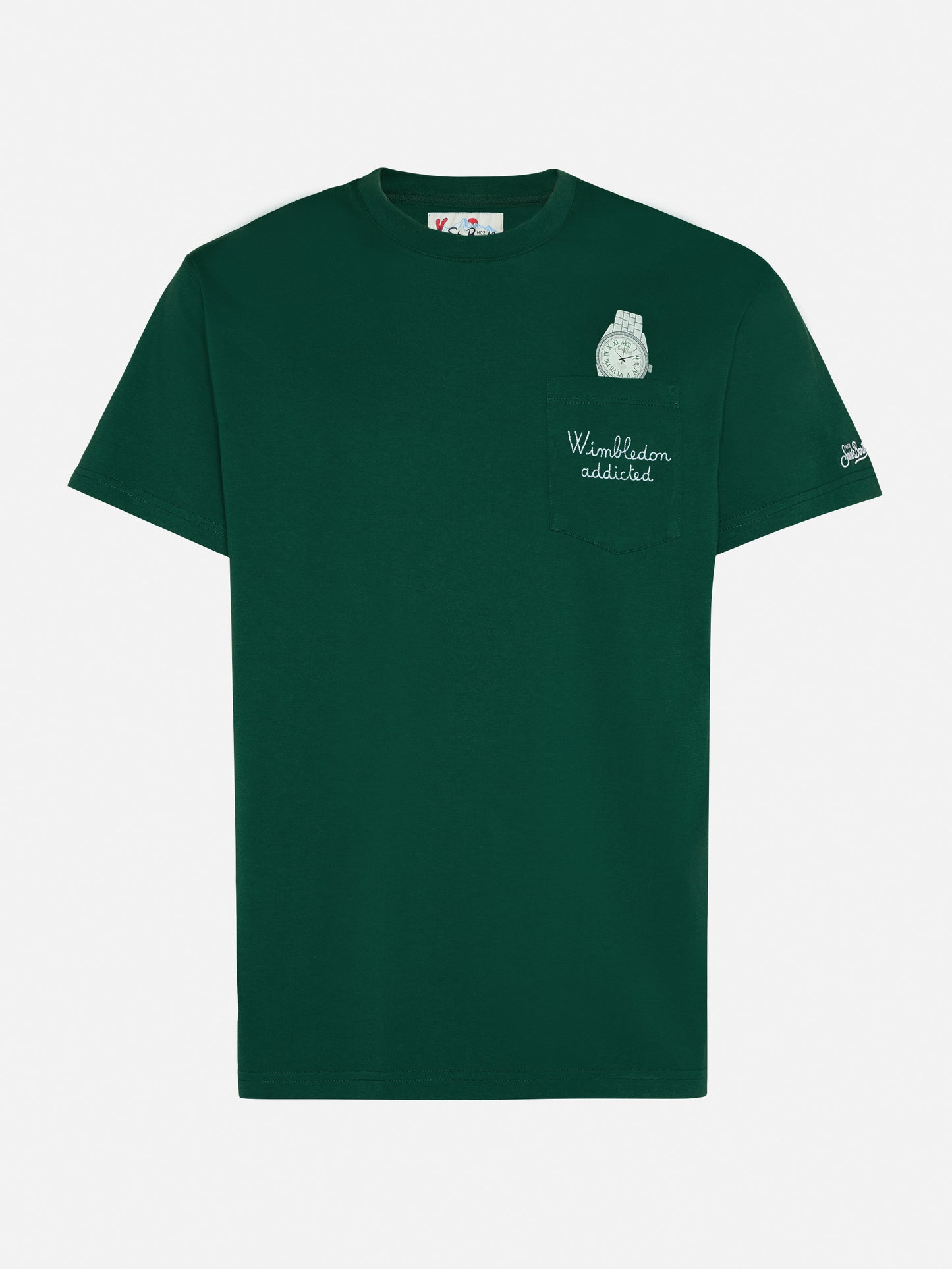 Grünes Connor-Baumwoll-T-Shirt mit Wimbledon-begeisterter Brusttasche und Stickerei.