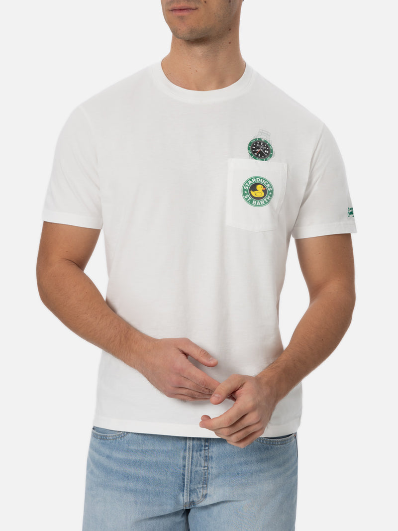 Man white cotton t-shirt Connor with ducky and watch print