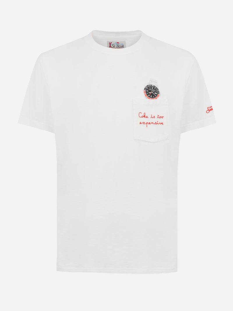 Man white cotton t-shirt Connor with coke is expensive embroidery