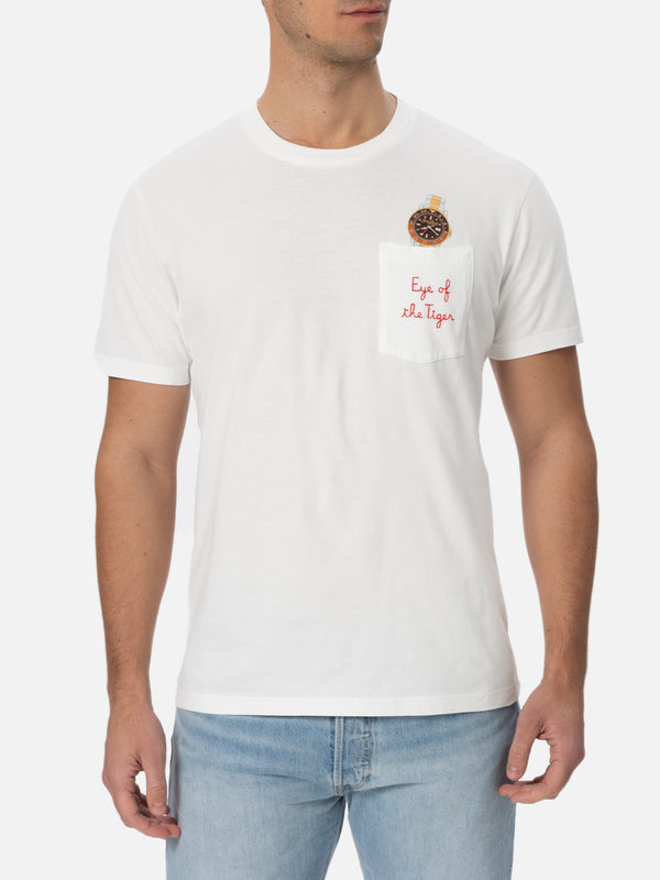 Man white cotton t-shirt Connor with eye of the tiger embroidery