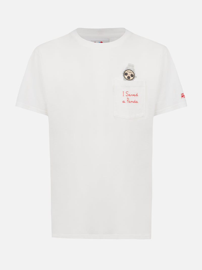 Man white cotton t-shirt Connor with I saved a panda embroidery