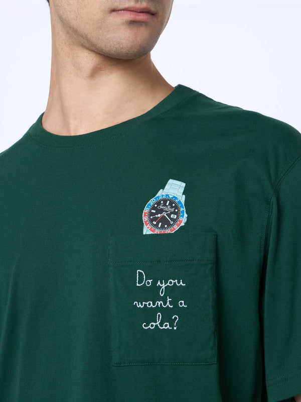 T-shirt verde da uomo Connor in cotone con ricamo Do you want a cola