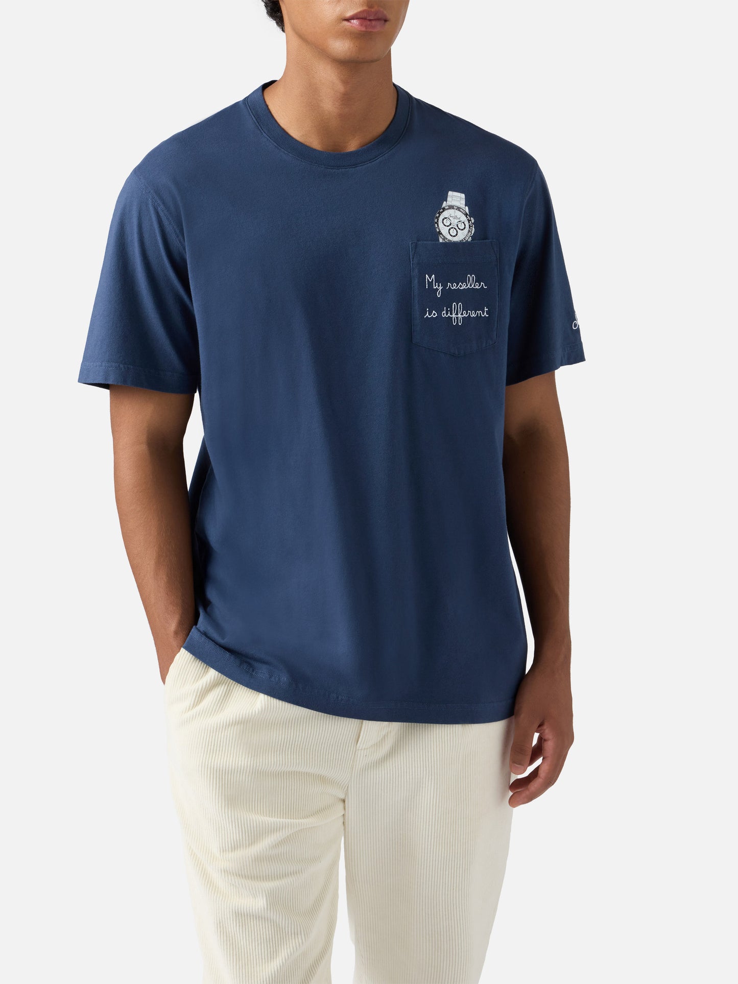 Connor Baumwoll-T-Shirt in Blau mit „Mein Wiederverkäufer ist ein anderer“-Taschenstickerei