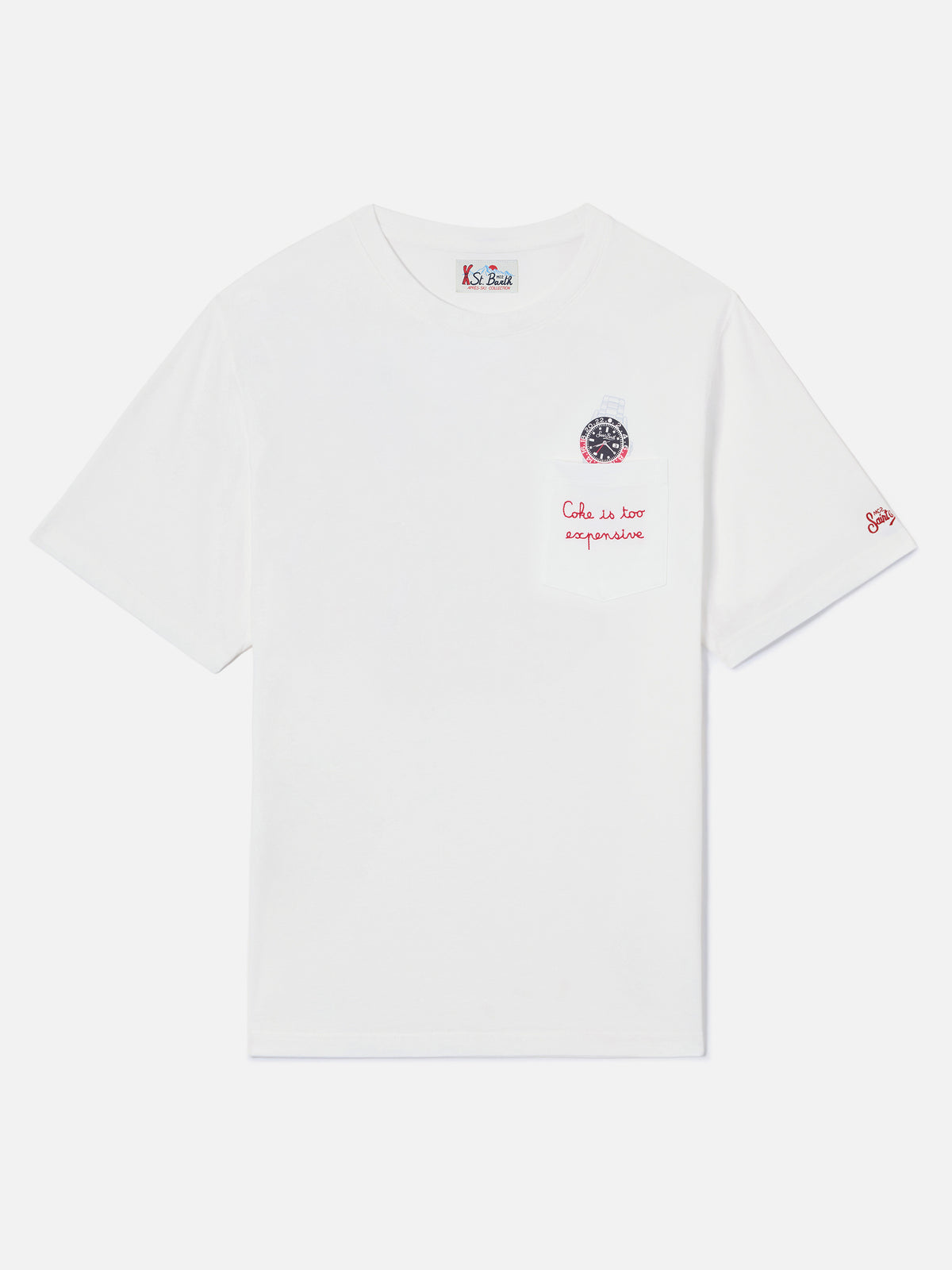 Weißes T-Shirt aus Connor Baumwolle mit Uhren-Print und Cara Ho Un Expensive Stickerei 