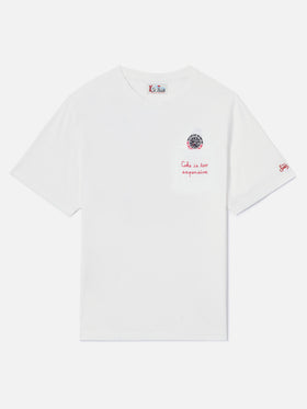 Weißes T-Shirt aus Connor Baumwolle mit Uhren-Print und Cara Ho Un Expensive Stickerei 
