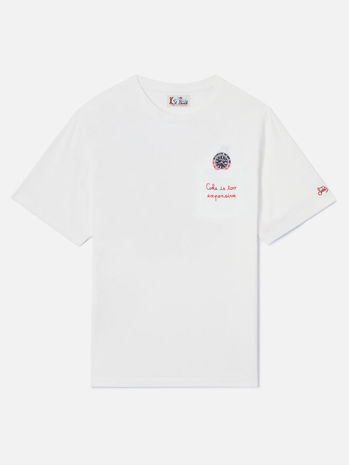 Weißes T-Shirt aus Connor Baumwolle mit Uhren-Print und Cara Ho Un Expensive Stickerei 
