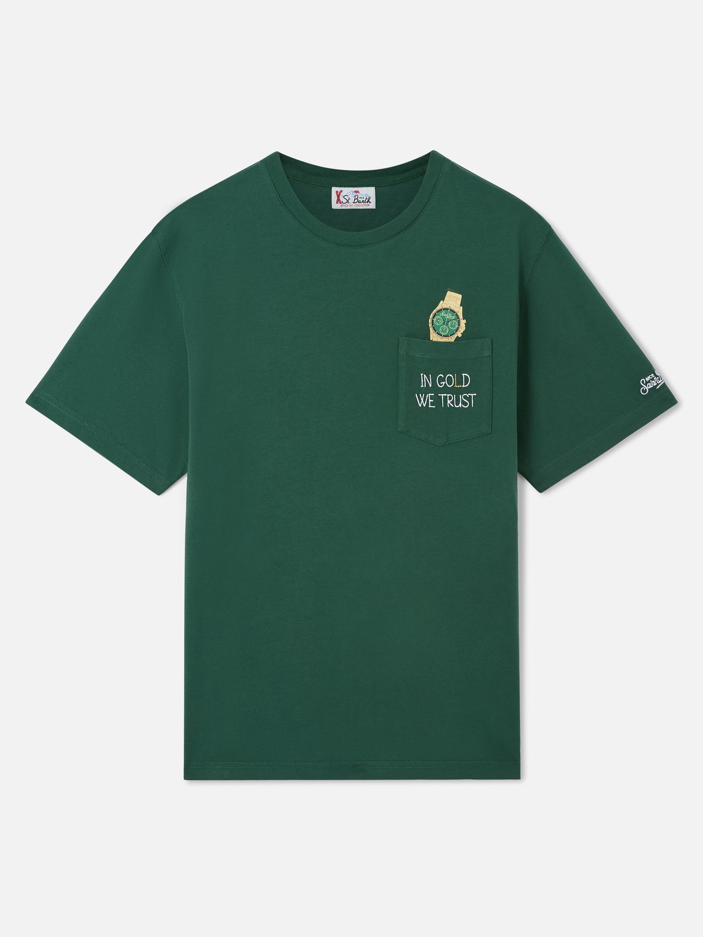 T-shirt girocollo Connor verde con taschino e ricamo In Gold We Trust