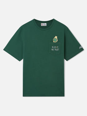 T-shirt girocollo Connor verde con taschino e ricamo In Gold We Trust