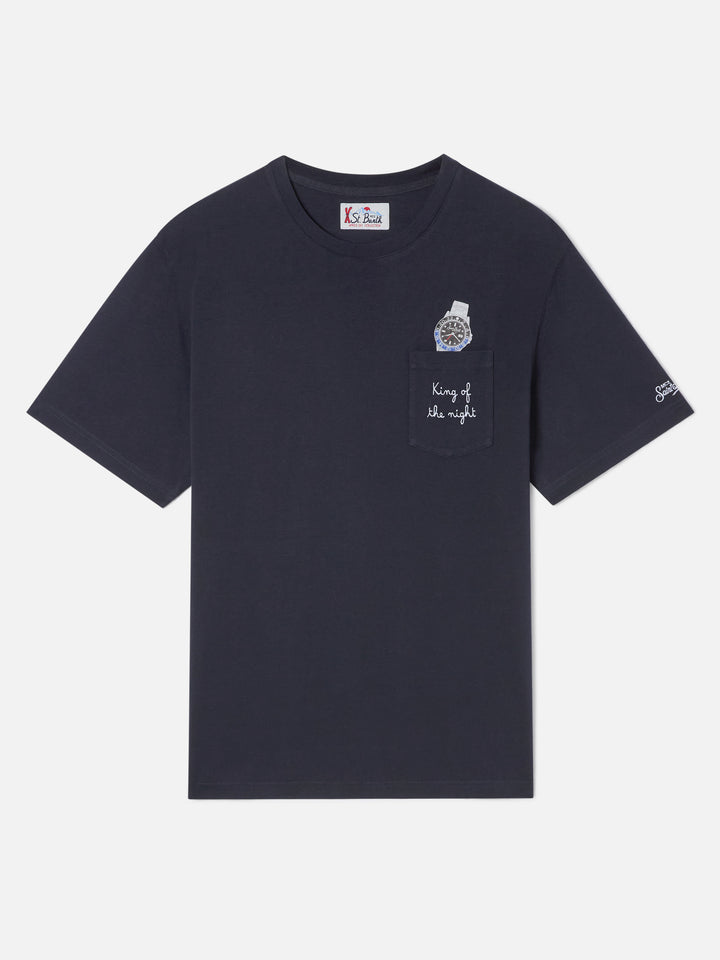 T-shirt en coton biologique blue Connor bleu marine avec imprimé montre et broderie King Of The Night 