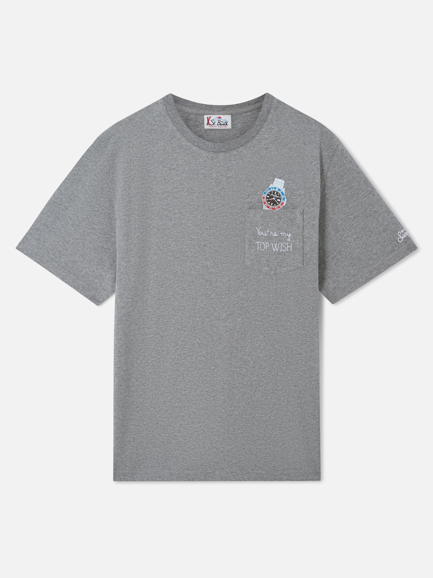 Connor pocket t-shirt in grey with Top Wish embroidery