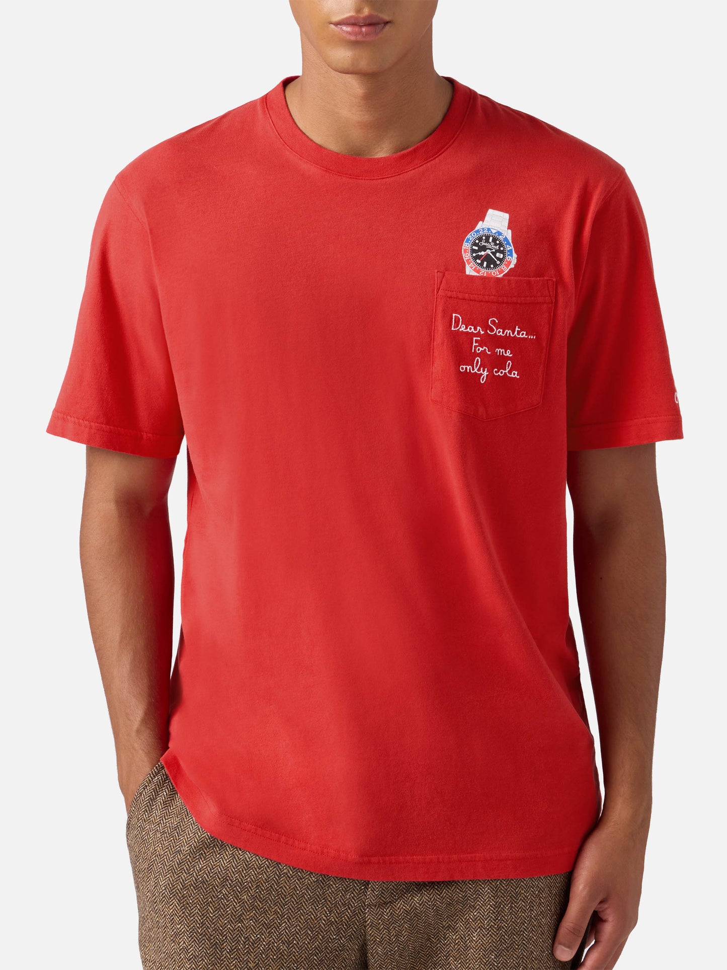 Connor Winter-Baumwoll-T-Shirt in Rot mit „Lieber Weihnachtsmann“-Taschenstickerei