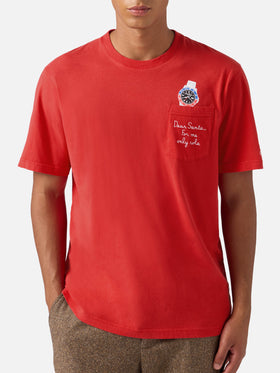 Connor Winter-Baumwoll-T-Shirt in Rot mit „Lieber Weihnachtsmann“-Taschenstickerei