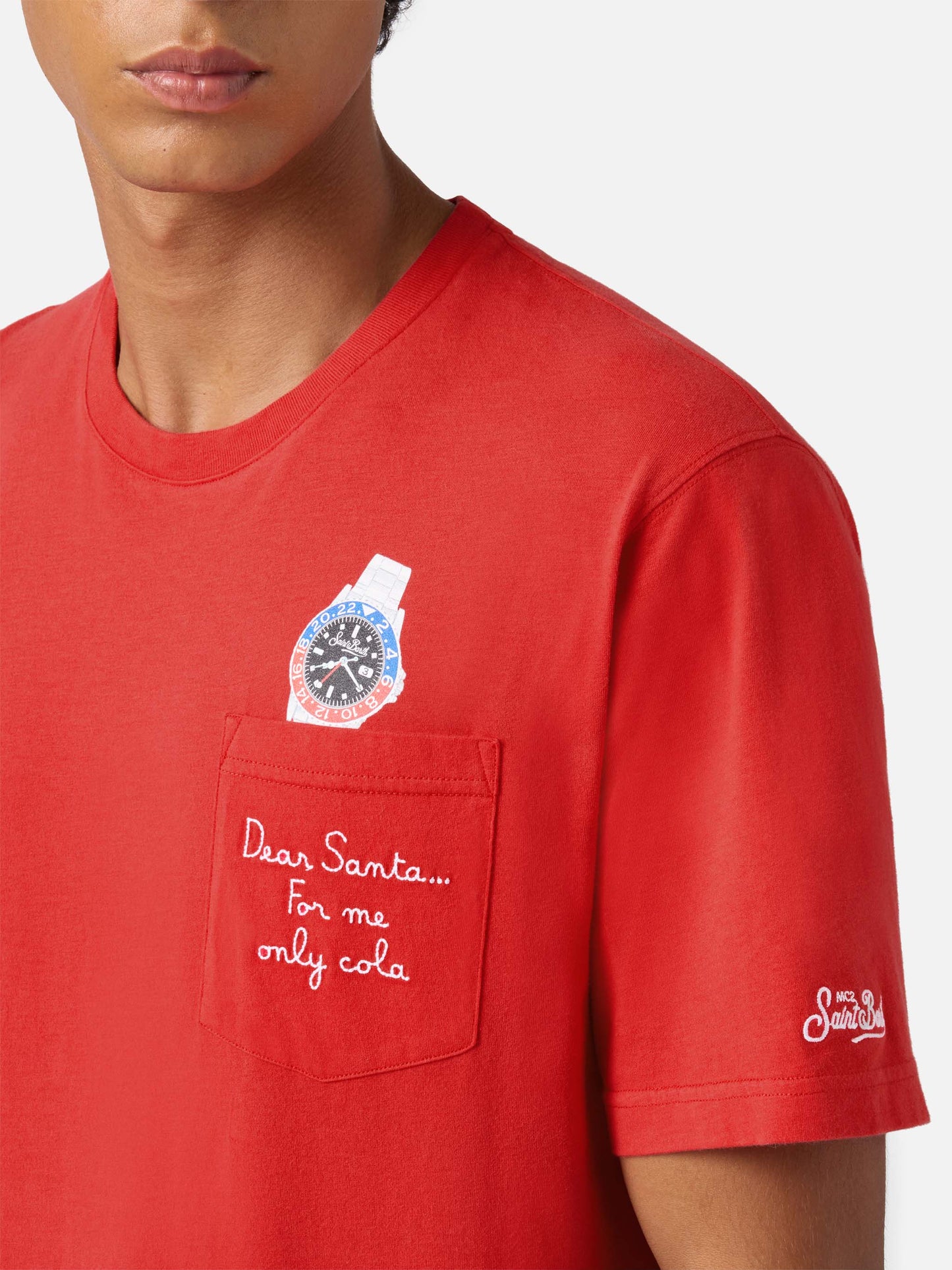 Connor Winter-Baumwoll-T-Shirt in Rot mit „Lieber Weihnachtsmann“-Taschenstickerei