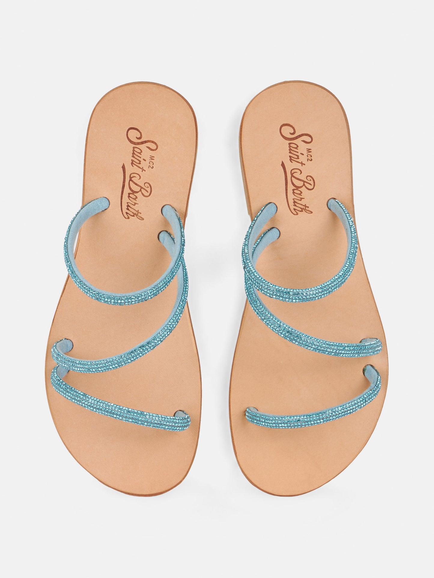 Cora flat sandals with turquoise rhinestones