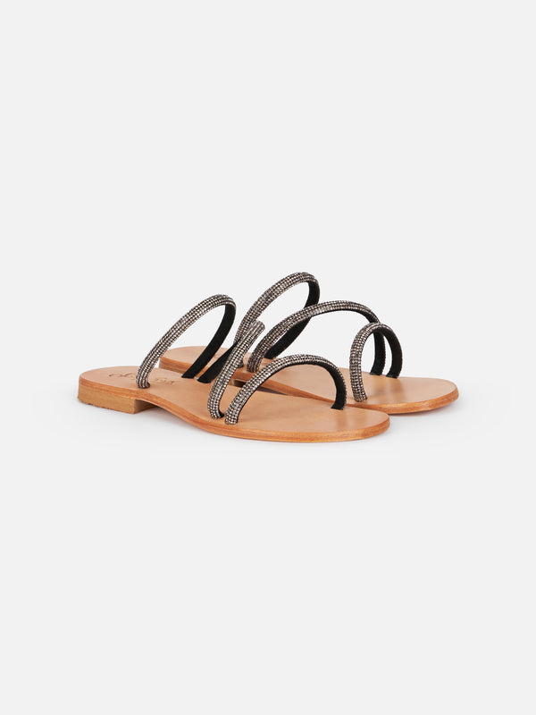 Flat sandals Cora with black rhinestones