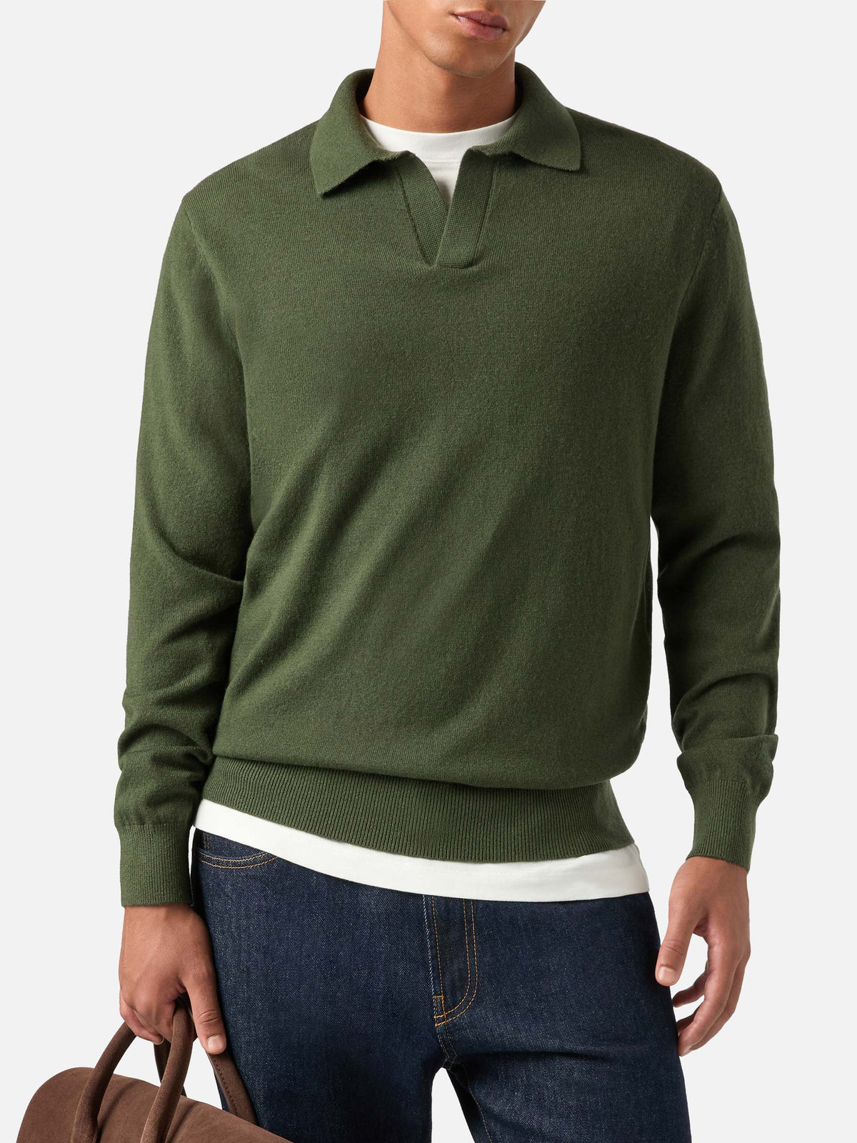 Military green Covent merino wool and cashmere blend polo