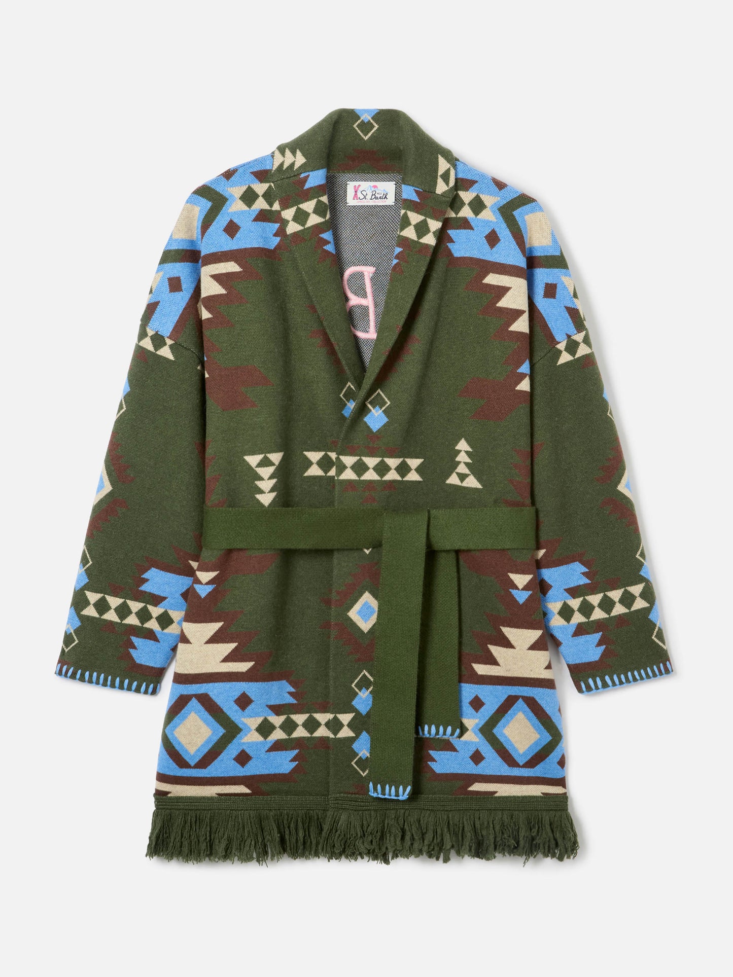 Blended cardigan Cristabel with belt and ethnic print