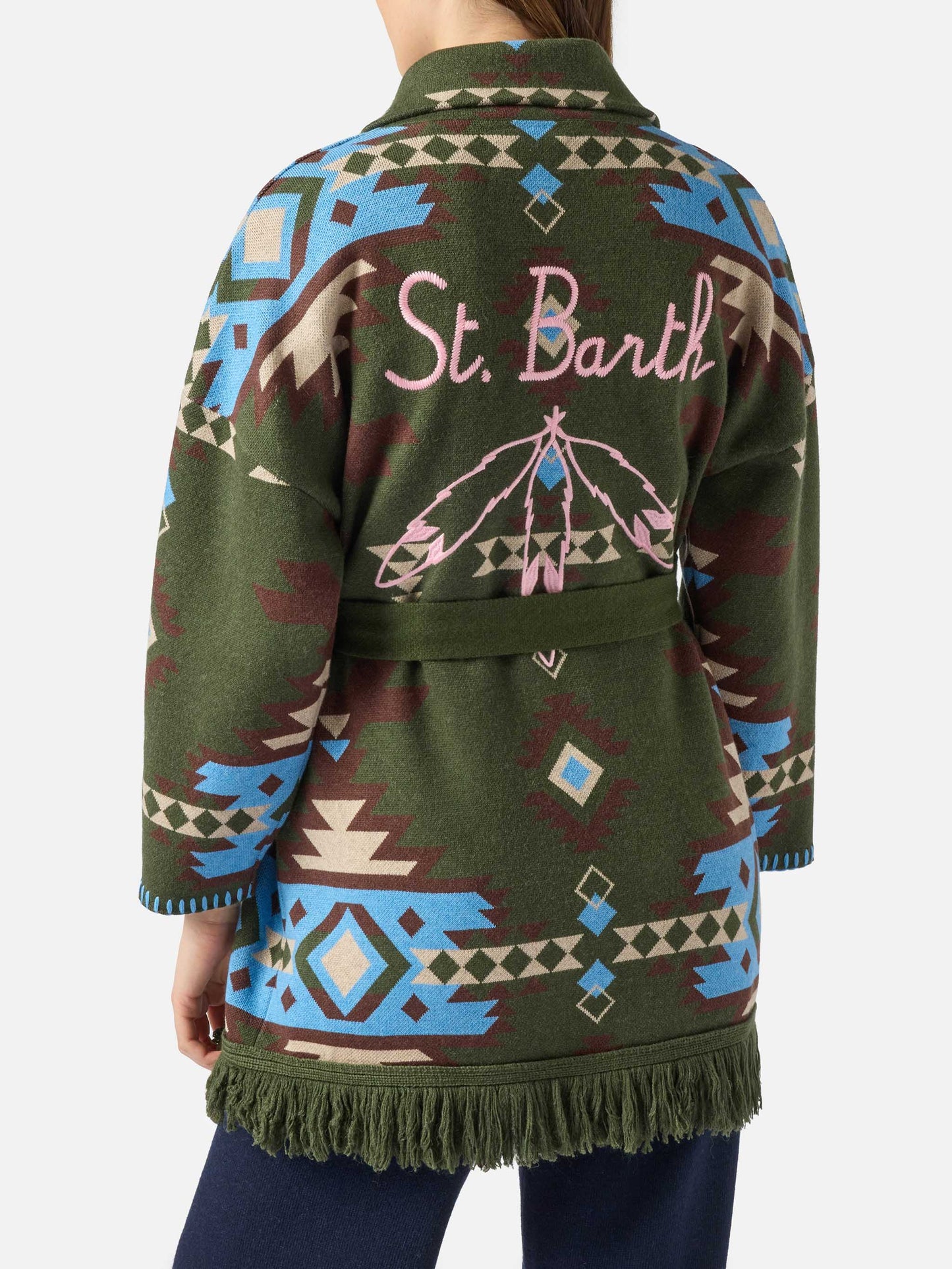 Blended cardigan Cristabel with belt and ethnic print