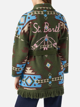 Blended cardigan Cristabel with belt and ethnic print