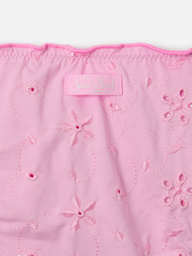 Bikini Cris in tessuto sangallo rosa con bordi arricciati