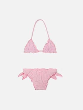 Bikini Cris in tessuto sangallo rosa con bordi arricciati