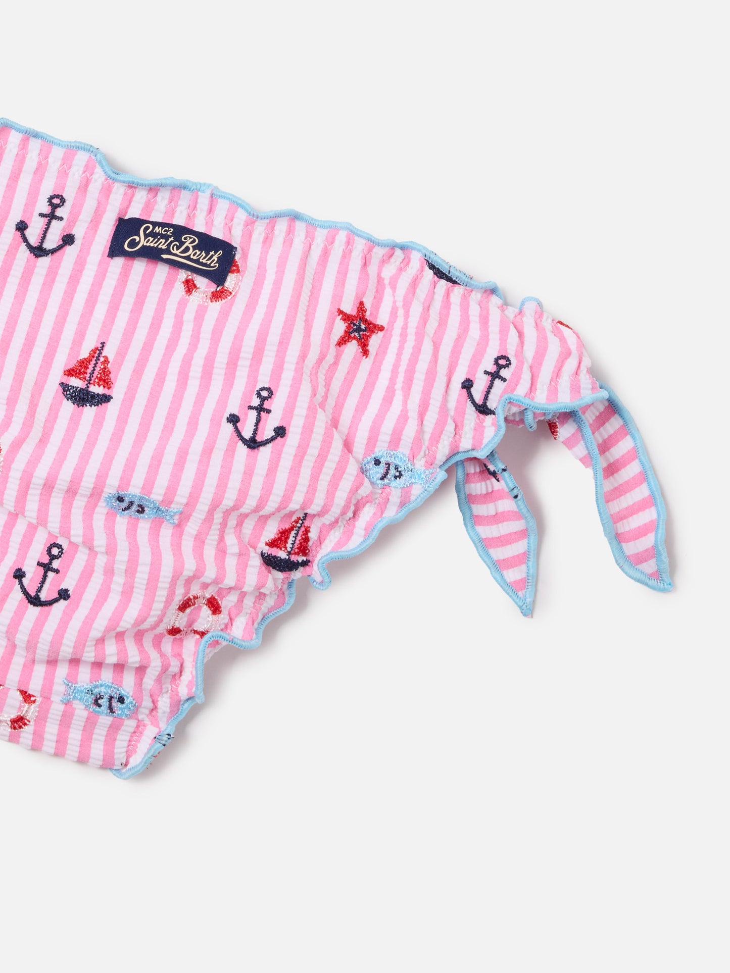 Cris pink and light blue seersucker striped bikini with embroidered details