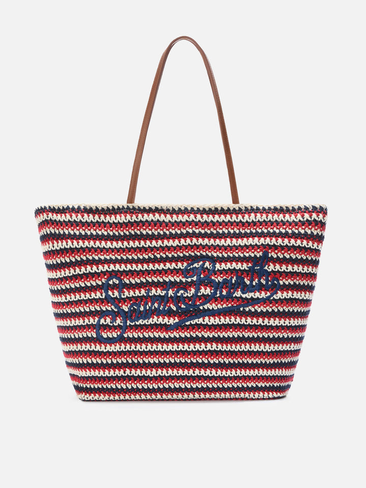 Borsa Tote Crochet a righe blu e rosse con logo ricamato