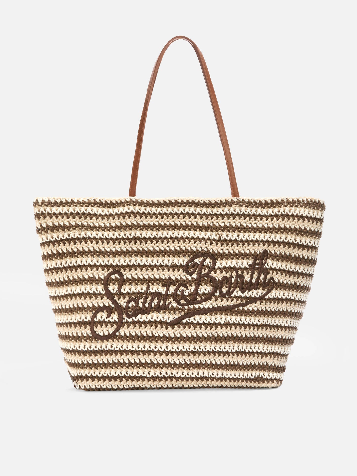 Borsa Tote Crochet a righe beige e marroni con logo ricamato