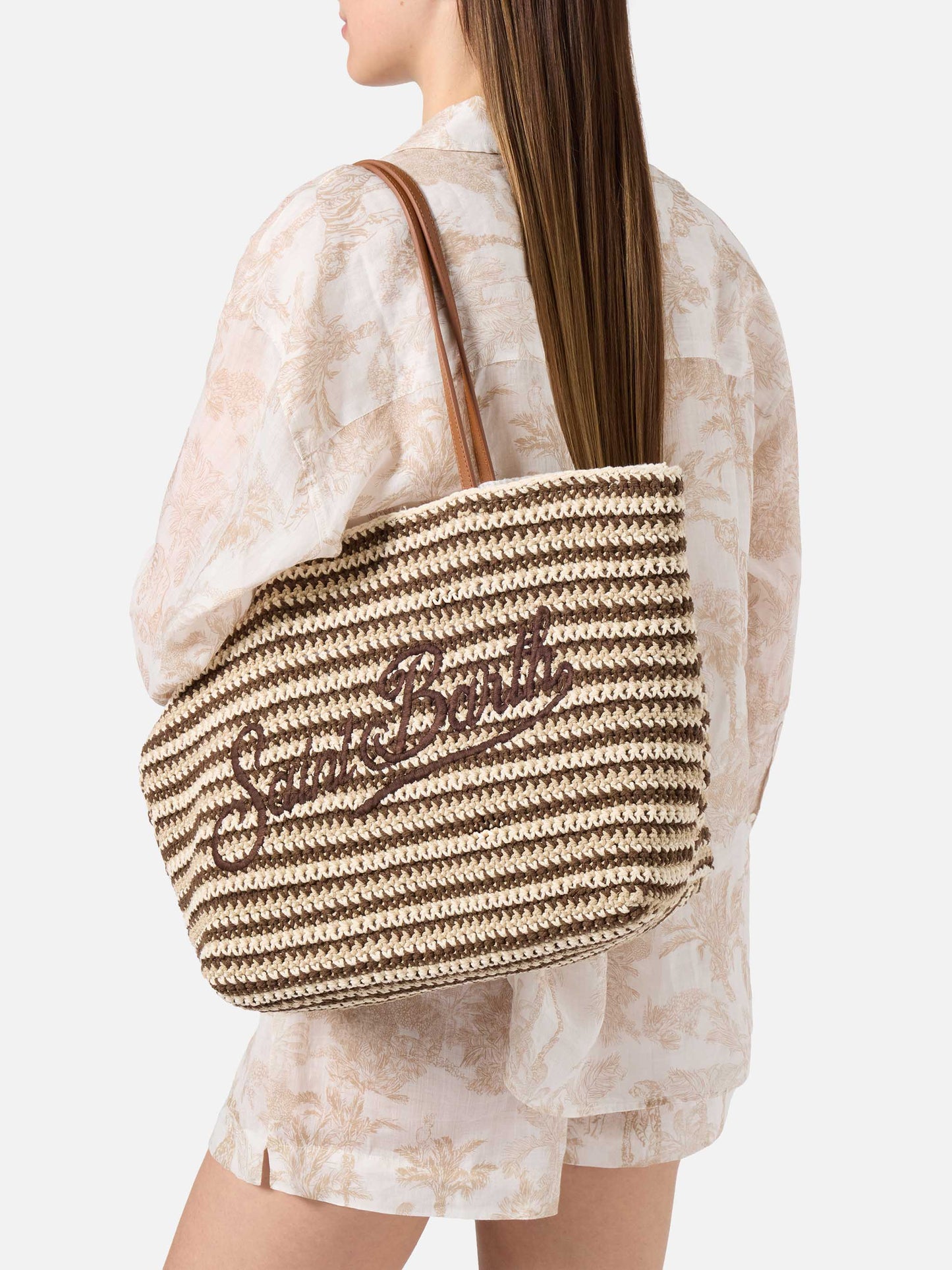 Borsa Tote Crochet a righe beige e marroni con logo ricamato