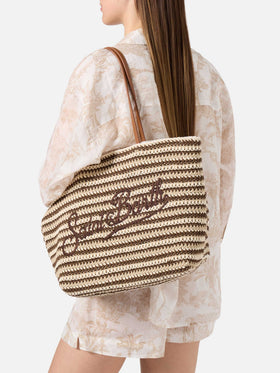 Borsa Tote Crochet a righe beige e marroni con logo ricamato