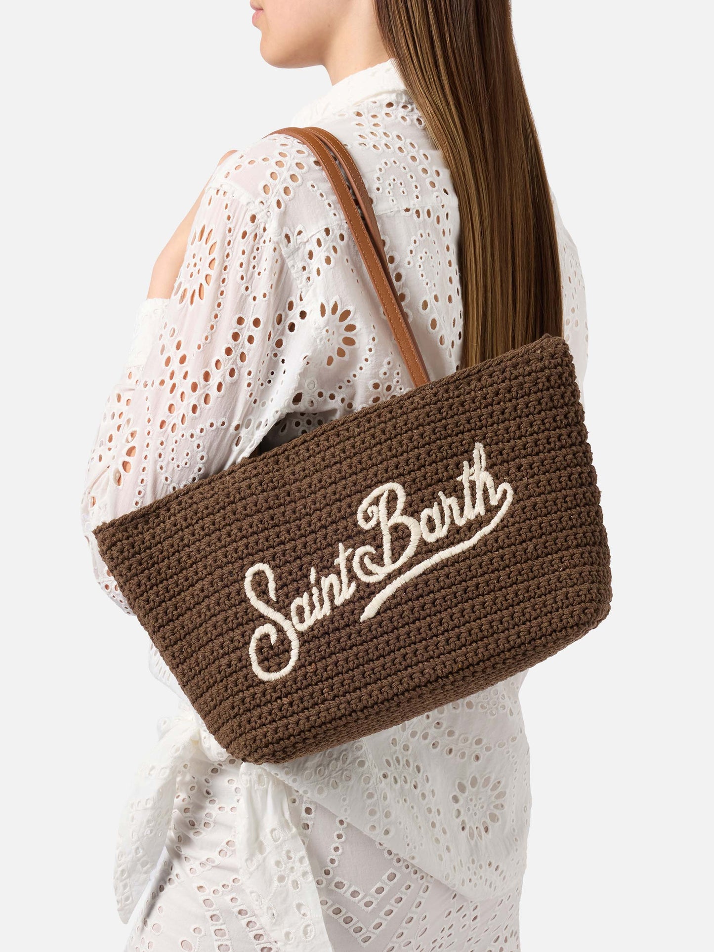 Borsa Tote Crochet medium marrone con logo ricamato